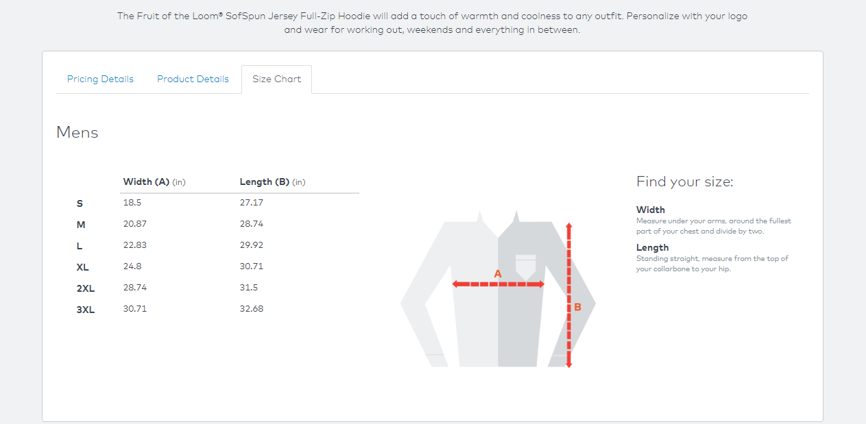 Fruit Of The Loom Size Chart